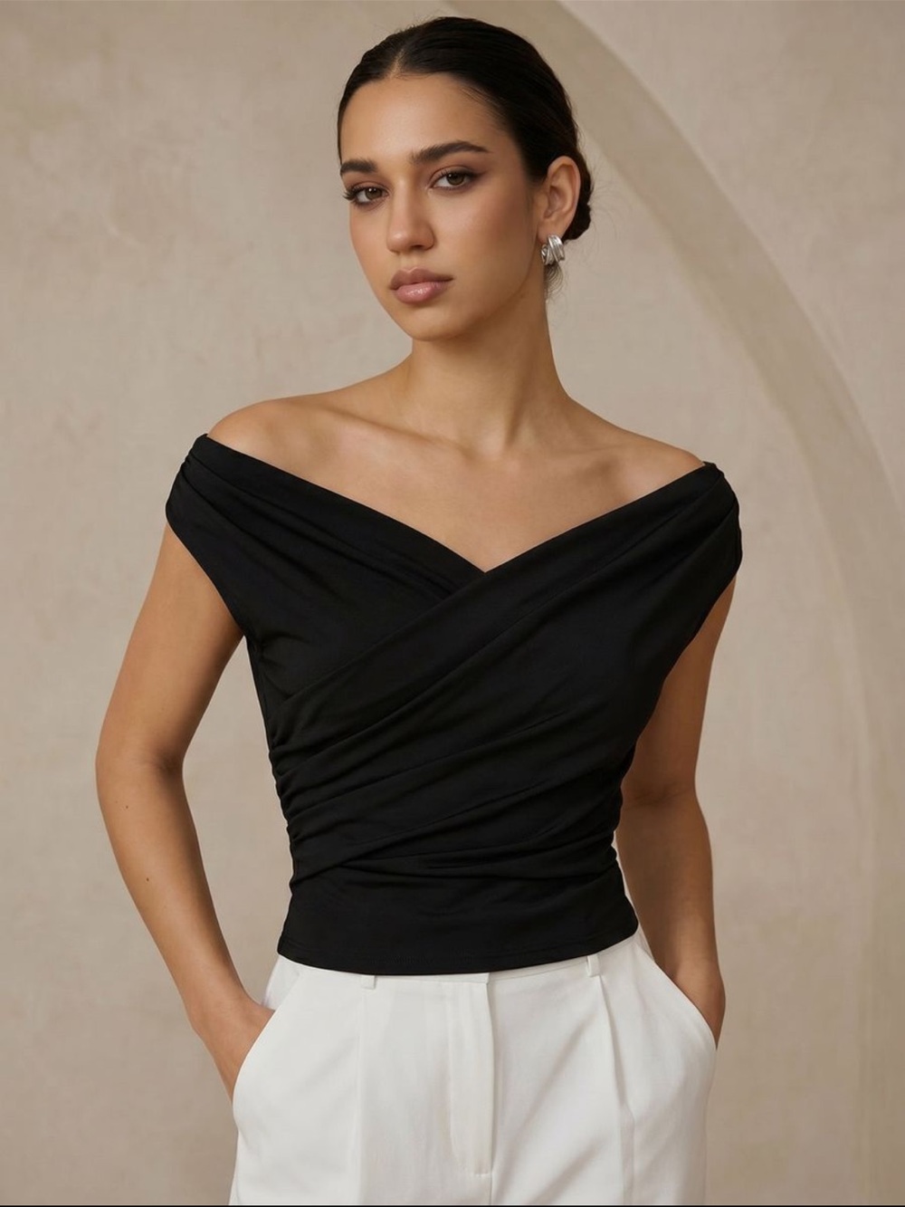 Commense Black Off-Shoulder Draped Wrap Top